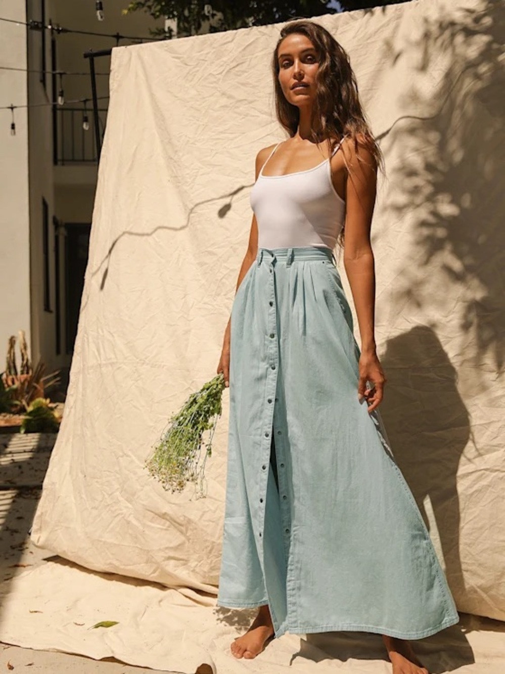 pistola Light Blue 100% cotton chambray Button-Front Maxi Skirt - Picture 2 of 5